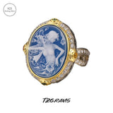 925 Sterling Silver Blue Agate Goddess Cameo Ring for Women Statement Rings White Shell Two Tone Trending Jewelry Accessories