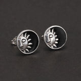 9mm 925 Sterling Silver Star Black Enamel Round Shaped Stud Earrings for Men Women Sun Ear Studs Punk Retro Fashion Jewelry