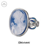 925 Sterling Silver Blue Agate Goddess Cameo Ring for Women White Shell Oval Shaped Fashion Statement Ring Vintage Jewelry