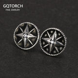 Real 925 Sterling Silver Sun God Moon Men Women Round Stud Earrings Vintage Punk Jewelry Best Gift