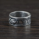 Pure SilverS990 Vintage Heart Sutra Scripture Ring for Women Opening Adjustable Pixiu Silver Hand Jewelry