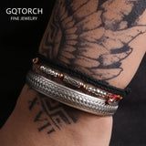3pcs/set 999.9 Fine Silver Braided Open Bangle Heart Sutra Engraved Fish Charm Colorful Thread Red Black Knot Rope Stack Jewelry