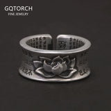 999 Pure Silver Lotus Ring Heart Sutra Engraved Adjustable Men Women Lucky Runes Vintage Retro Buddhism Jewelry