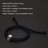 7/8mm Handmade 999 Pure Silver Skull Charm Braided Rope Bracelet Wristband Military Green and Black Color Punk Retro Jewelry