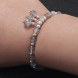 Real 925 Sterling Silver Beaded 6mm Natural Grey Moonstone Bead Charms Bracelet for Women Girl Elastic Bracelet Dainty Jewelry