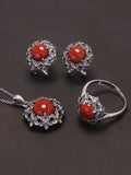 925 Sterling Silver Red Agate or Jade Floral Jewelry Set for Women Begonia Flower Ring Earrings Necklace Elegant Vintage Jewelry