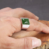 Real 925 Sterling Silver Green Agate Ring for Men Square Shape Natural Gemstone Band Minimalism Jewelry