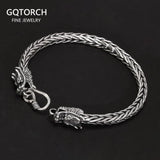 Real Pure 925 Sterling Silver Double Dragon Heads Wristband Handwoven Chain Bracelet Viking Jewelry