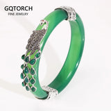 925 Sterling Silver Peacock Bangles for Women Chalcedony Openable Antique Style Thai Silver Bracelet