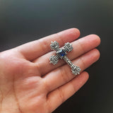 Real 925 Sterling Silver Catholic Cross Pendant With Blue Zircon Stone Inlaid Vintage Men Ladies Religious Jewelry