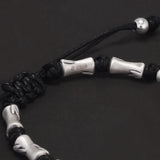 Handmade 999 Pure Silver Beads Black Rope Braided Charms Bracelet Lucky Bamboo Leather Rope Adjustable Wristband Retro Jewelry