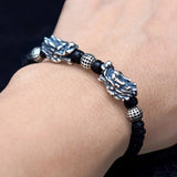 Sterling Silver 999 3D Double Dragon Head Bracelet for Men and Women Pure Handwoven Lucky Rope Bracelet Chinese Knot Jewelry