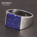 Solid 925 Sterling Silver Square Lapis Lazuli Agate Ring for Men Natural Gemstone Simple Classic Male Jewelry