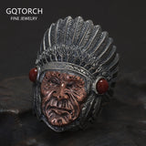 925 Sterling Silver Native American Indian Ring for Men Punk Vintage Retro Tribal Warrior Engraved Jewelry