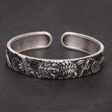 999 Pure Silver Vintage Pixiu Bite Coin Open Cuff Bracelet for Men Black Color Good Luck Fortune Wealth Feng Shui Jewelry