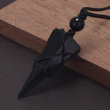 Natural Stone Geometric Pendant Necklace for Men Black Obsidian Blue Sandstone Adjusted Leather Rope Retro Vintage Jewelry