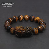 10/14mm Natural Tiger Eye Stone Beaded Pixiu Bracelet for Men Vintage Retro Chinese Fengshui Good Wealth Lucky Bracelets Jewelry