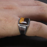 Authentic Sterling Silver 925 Man Ring With Tiger Eyes Fine Jewelry Stripe Pattern Natural Stone Cool Retro Punk Ringen - GQTORCH Jewelry
