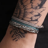 3pcs/set 925 Sterling Silver Ethnic Style Open Cuff Bangle Vine Flower Pattern Evil Eyes Braided Rope Bracelet Stackable Jewelry