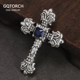 Real 925 Sterling Silver Catholic Cross Pendant With Blue Zircon Stone Inlaid Vintage Men Ladies Religious Jewelry