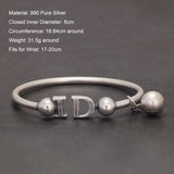 S990 Pure Silver Cuff Bracelet for Women Men I DO Letter Bead Charms Open Bangle Antiqued Retro Fashion Jewelry