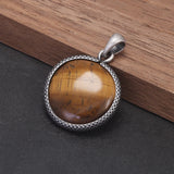 925 Sterling Silver Antiqued Retro Natural Stone Pendant for Men Women Round Shaped Tiger Eye Black Onyx Turquoise Labradorite