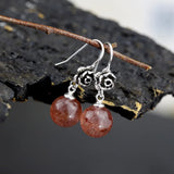 Real 925 Sterling Silver Jewelry Natural Stone Earrings for Women Red Garnet and White Opal Retro Beautiful Rose Flower Carved