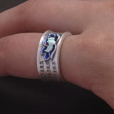 999 Pure Silver Lotus Fish Ring for Women and Men Heart Sutra Engraved Enameling Vintage Fashion Buddhist Jewelry