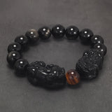 Natural Obsidian Stone Beads Pixiu Bracelet for Men Black/Gold Obsidian Vintage Chinese Fengshui Wealth and Luck Jewelry
