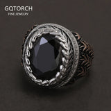 925 Sterling Silver Cut Black Onyx Signet Ring for Men Wheat Engraved Oval Shaped Vintage Turkish Rings Male Jewelry Gift
