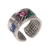 Real S999 Sterling Silver Lotus Fish Ring for Men and Women Enamel Bluing Sutra Buddha Ring Buddhist Jewelry Adjustable Size