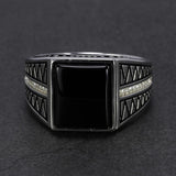 Real 925 Sterling Silver Black Onyx Ring For Men Natural Stone Micro Paved Cubic Zircon Simple Lines Design Turkish Jewelry - GQTORCH Jewelry