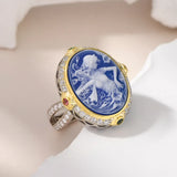 925 Sterling Silver Blue Agate Goddess Cameo Ring for Women Statement Rings White Shell Two Tone Trending Jewelry Accessories