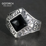 Solid 925 Sterling Silver Retro Punk Women Rings With Natural Black Agate Square Stone Engraved Antique Flowers