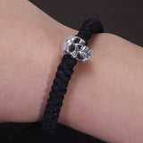 7/8mm Handmade 999 Pure Silver Skull Charm Braided Rope Bracelet Wristband Military Green and Black Color Punk Retro Jewelry