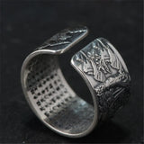 Real 990 Pure Silver Mens Biker Rings With Elephant Engraved Vintage Punk Style Heart Sutra Engraved Buddhism Animal Jewelry