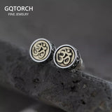 Real 925 Sterling Silver OM Mantra Stud Earrings For Women and Men Retro Antique Style Six-Word Sutra Buddhism Jewelry