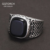925 Sterling Silver Black Onyx Stone Signet Ring for Men Vintage Retro Pattern Turkish Pinky Rings Punk Rock Trendy Jewelry
