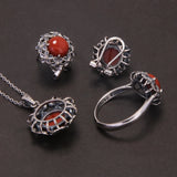 925 Sterling Silver Red Agate or Jade Floral Jewelry Set for Women Begonia Flower Ring Earrings Necklace Elegant Vintage Jewelry