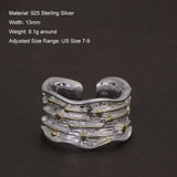 925 Sterling Silver Fashion Ring with Meteor Pattern Irregular Band Adjusted Size 7-9 Retro Trendy Fine Jewelry