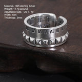 925 Sterling Silver Roman Numerals Ring Rivet Design Adjustable Size 7-10 for Men and Women Retro Punk Rock Jewelry