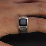 Solid 925 Sterling Silver Vintage Punk Simple Boys Ring with Natural Black Onyx Square Stone Carving Pattern Silver Jewelry