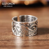 999 Pure Silver Jewelry Original Design Koi Fish Pattern Open Ring for Men Male Fashion Free Size Buddhistic Heart Sutra Rings