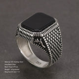 Real Pure 925 Sterling Silver Mens Rings Ottoman Tugra With Black Agate Natural Stone Retro Rose Flower Engraved