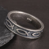 100% Real 999 Sterling Silver Jesus Fish Ring For Men Women 7 Fishes Antique Processing Ichthys Ichtus Christian Jewelry