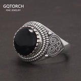 Real Pure 925 Silver Ring for Men Round Stone Natural Black Agate Antique Heart Pattern Fine Jewelry