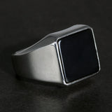 Solid 925 Sterling Silver Square Plain Ring for Men With Natural Black Agate Simple Rustic Flat Top Hallmarked Band Male Jewelry