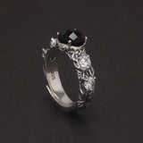 Vintage Round Black Onyx Engagement Ring for Women 925 Sterling Silver Natural Onyx Stone Zircon Adjustable High Quality Jewelry - GQTORCH Jewelry