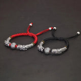 999 Sterling Silver Charm Handcrafted Lucky Red String Braided Bracelet Double Dragon for Men and Women Buddha Jewelry