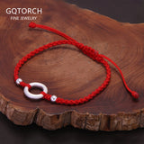 Handmade Braided Red Black String Rope Lucky Couple Bracelet with 925 Sterling Silver Hollow Circle Friendship Bracelet Jewelry